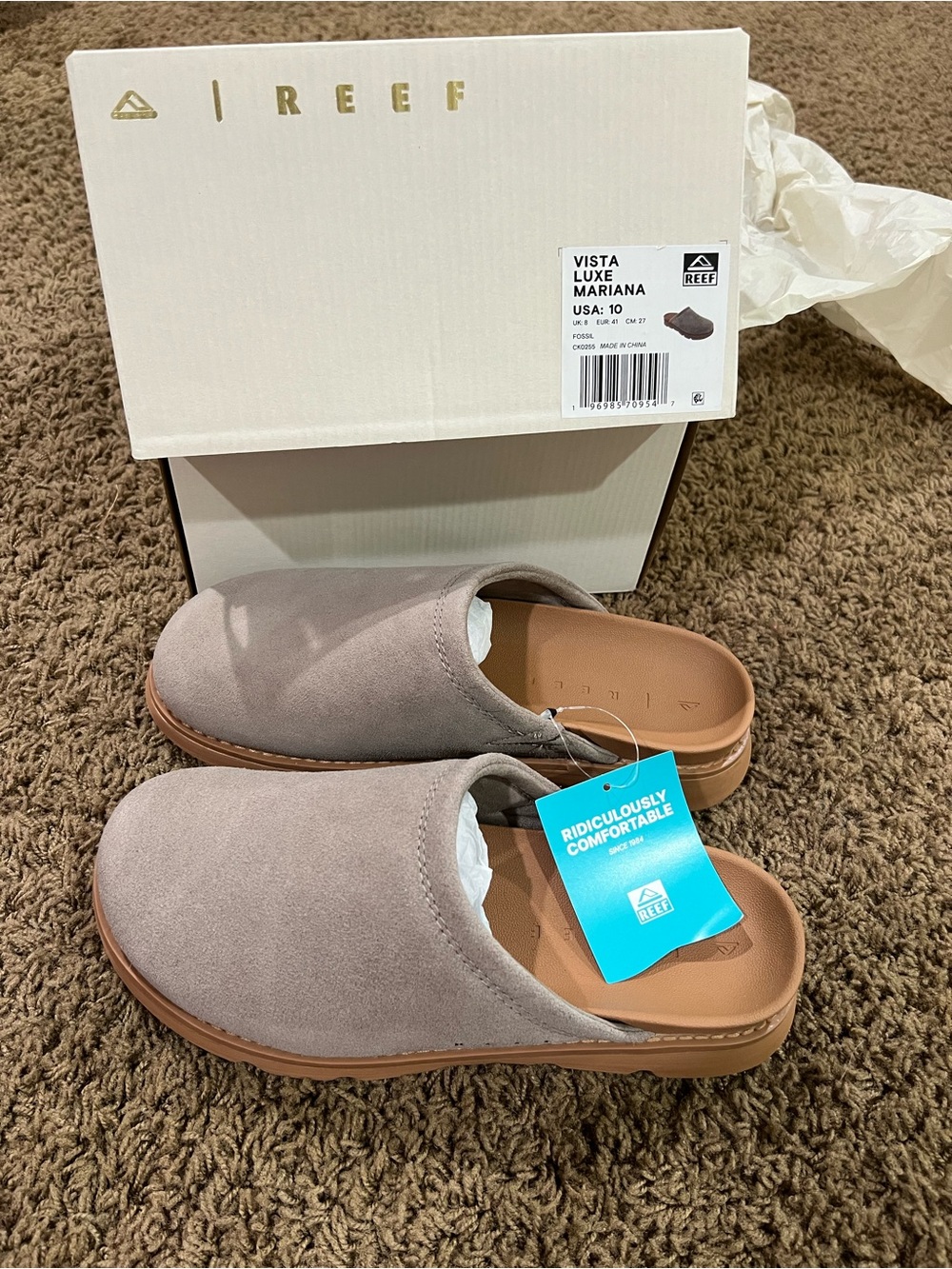 Reef Vista Luxe Mariana Slip-On Mules in Taupe and Tan